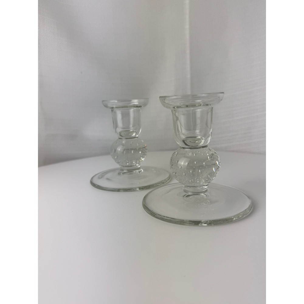 Glass Candlestick Holders Pair Clear 3.5in Bubble Stem Taper Set Excellent